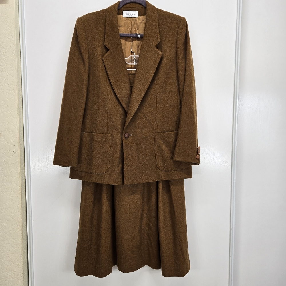 Evan Picone Skirt Suit Women Size 12 Blazer Pleated Skirt Brown 100% Wool VTG